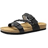 DREAM PAIRS Women's Slides Soft Cork Footbed Sandals Comfortable Walking Slip-on Flat Sandals Arch Support Adjustable Buckle Braided Straps Slippers