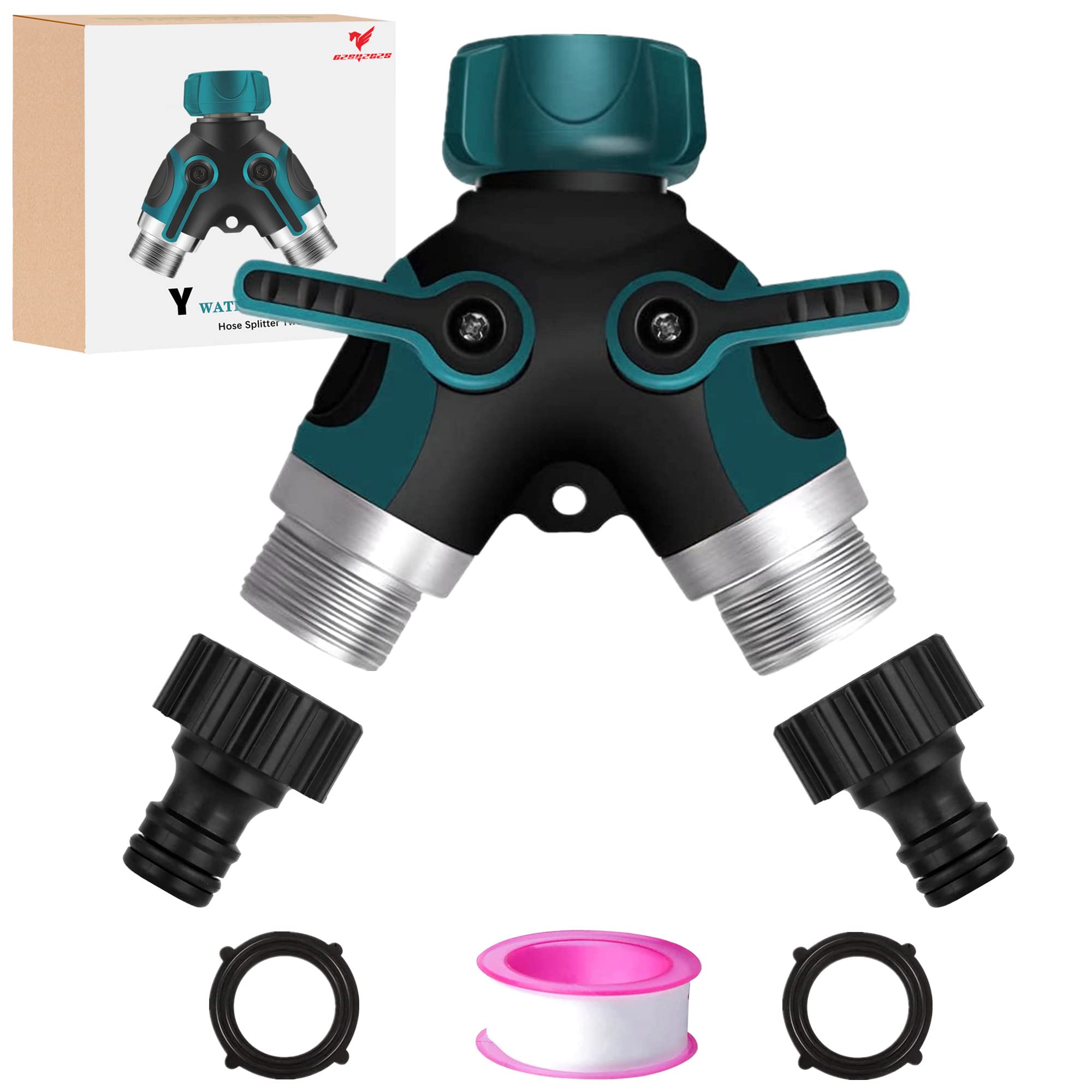 Hose Splitter, Garden Hose Splitter 2 Way - Heavy Duty Metal Water Hose Splitter with Long Handle Shut Off Valves 3/4 Inch Double Y Connector Faucet Splitter for Outdoor Gardening (Alloy - Green)