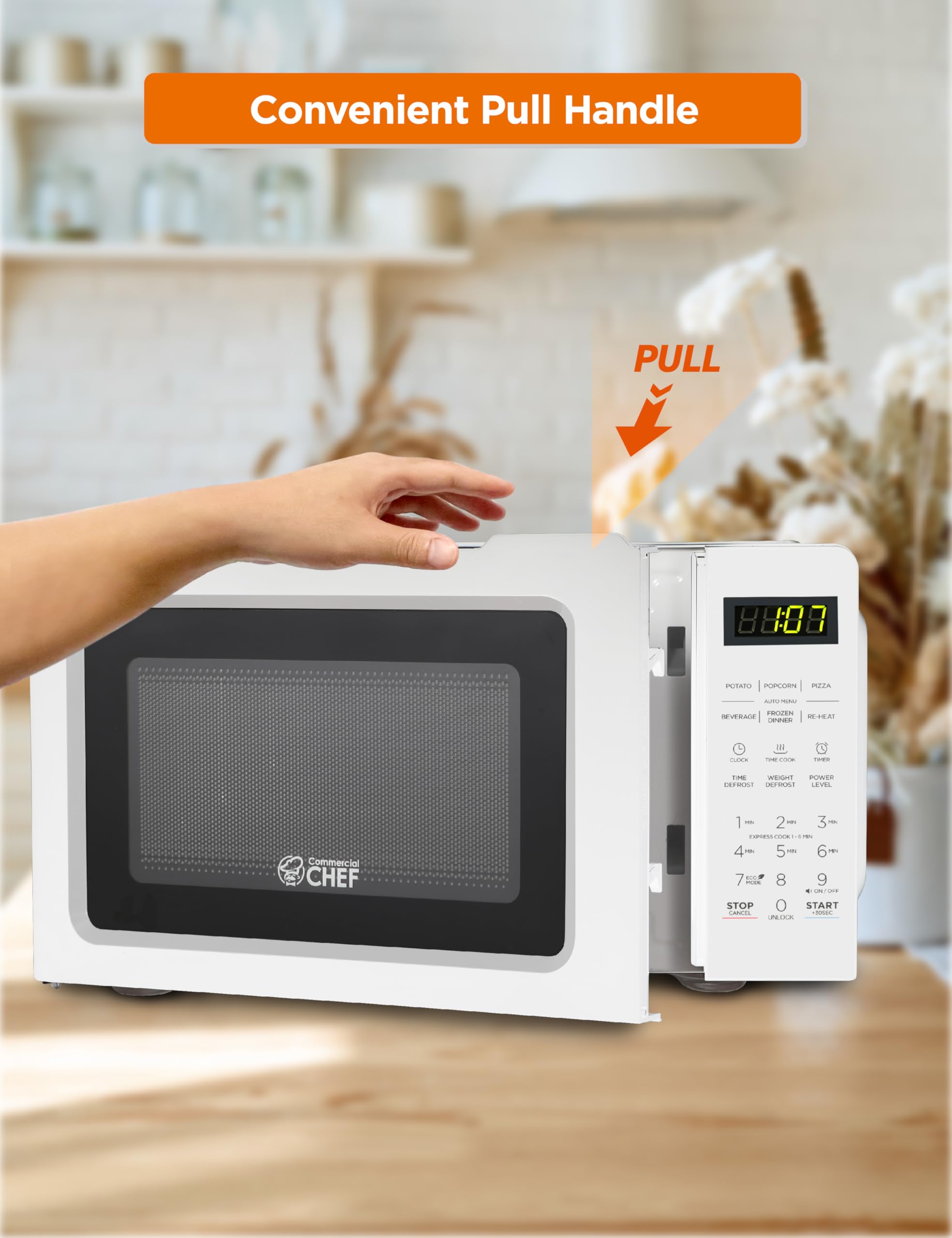 COMMERCIAL CHEF 0.7 Cubic Foot Microwave with 10 Power Levels, Small Microwave with Pull Handle, 700W Countertop up to 99 Minute Timer and Digital Display, White