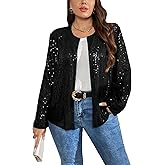 Floerns Women's Contrast Sequin Shiny Long Sleeve Open Front Party Jacket
