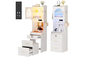 NBYSGO Vanity Desk with Mirror and Lights, 3 in 1 Tall Makeup Vanity Set with Flip-up Mirror, Jewelry Box, Charging Station, Girls Small Vanity and Storage Chair (White)