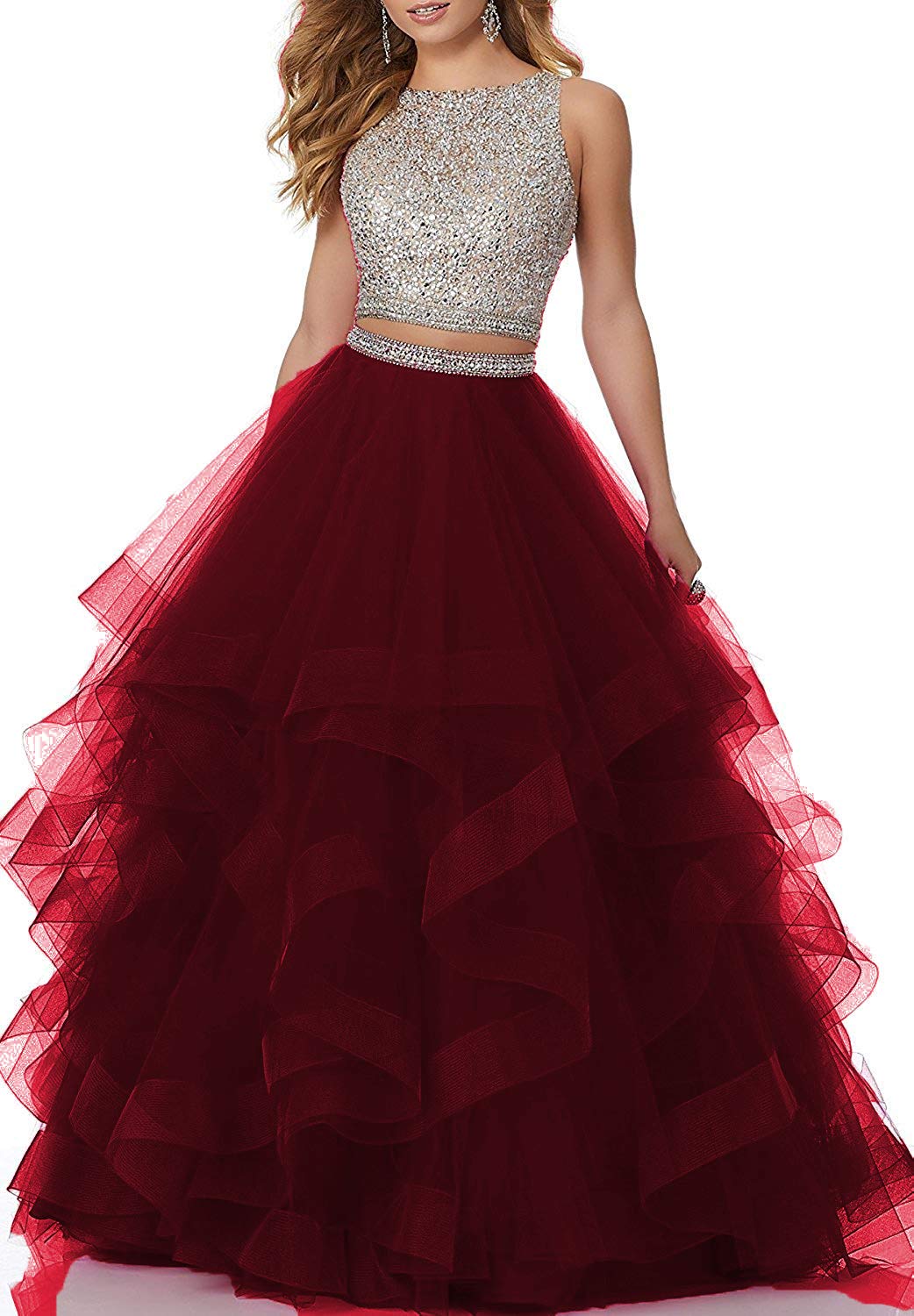 Long Black Two Piece Prom Dress Dark Red 3/4 Long Sleeves Lace - Main Image