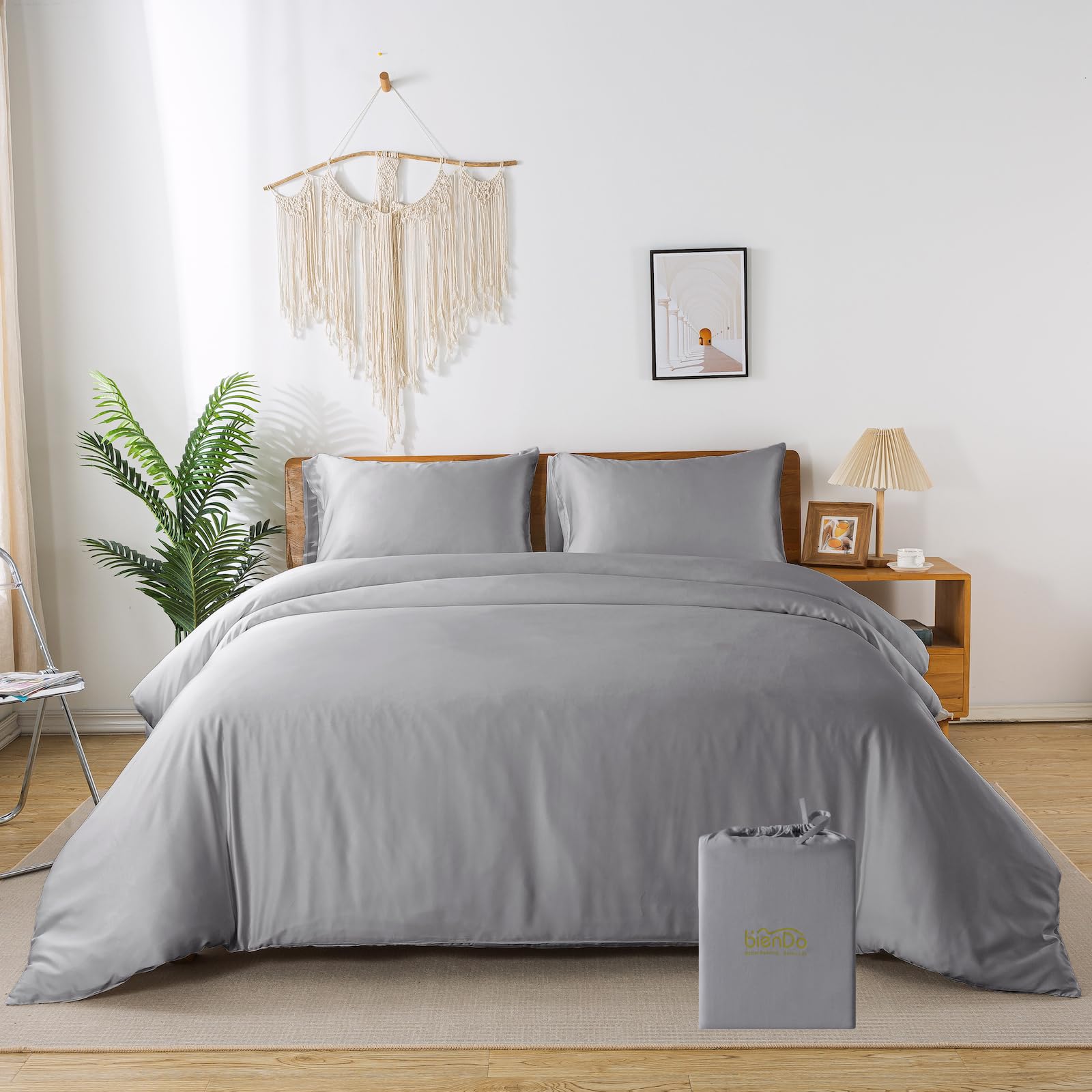 bienDo Bamboo Duvet Cover Set, Double Size, Grey, Vegan Silk - Silky Soft, Cooling, Hypoallergenic, Luxury, Include 1 Quilt Cover+ 2 Pillowcases