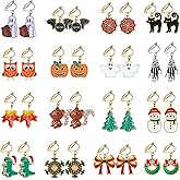 16Pairs Halloween Christmas Clip on Earrings Dangle for Women Teen Christmas Tree Snowflake Snowman Spooky Ghost Pumpkin Bat Cat Squirrel Maple Leaf Thanksgiving Fall Earrings Holiday Jewelry (Holiday Earrings)