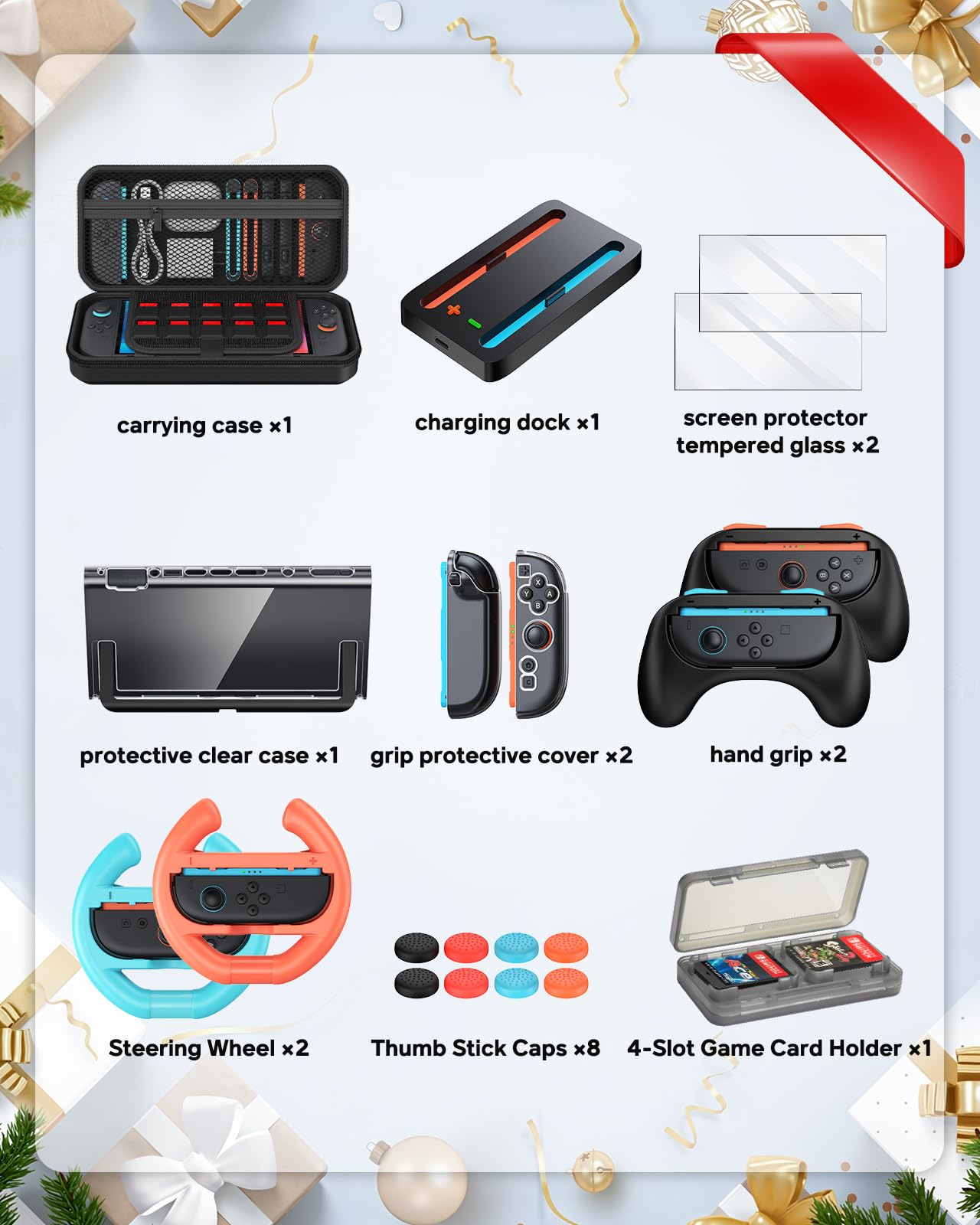 Switch 2 Zubehör, Unverzichtbares Zubehörpaket, 20-IN-1-Spieleset Bundle,Reisetasche,Switch 2 Controller Ladestation,Displayschutzfolie,Schutzhülle,Lenkräder,Griffe für Joy Con 2 (Schwarz) 2