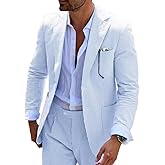 Mrbuerly Mens Blue Seersucker Summer Suits Grooms Sear Sucker Suit for Wedding Mens Formal Suits Slim Fit