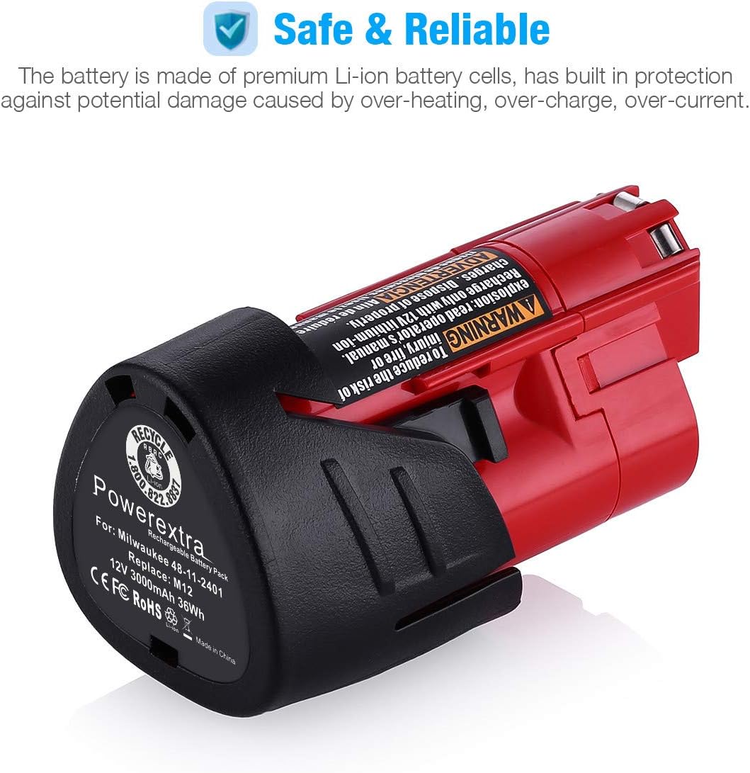 Powerextra 2 Pack 12V 3000mAh Lithium-ion Replacement Battery Compatible with Milwaukee M12 48-11-2411 48-11-2420 48-11-2401 48-11-2402 48-11-2401 12-Volt M12 Cordless Tools - - 