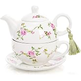 Coloch Tea for One Set, Porcelain Teapot Cup and Saucer Set with Tassel Vintage Floral Ceramic Tea Set for One for Women, Home, Office, Afternoon Tea, Rattan Flower Design