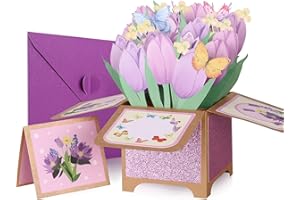 Giiffu 3D Pop Up Greeing Card-Mother's Day Purple Tulips Bouquet Cards, Birthday Gift Cards with Note Card and Envelope for Women, Floral GreetingCards for Anniversary, Valentine's Day, Get Well Soon