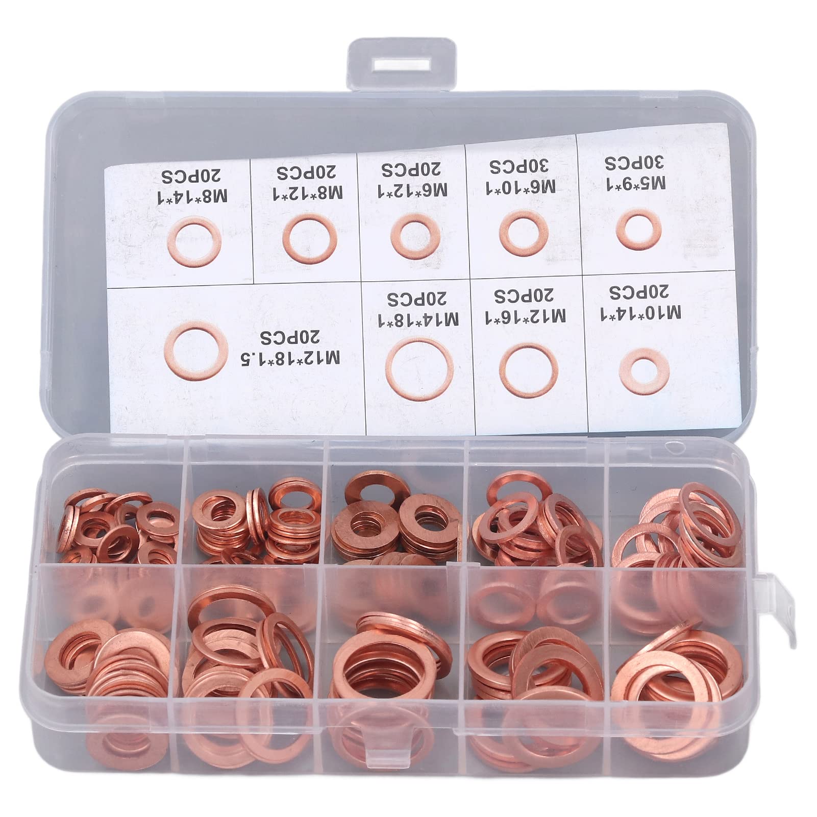 ViaGasaFamido 200Pcs Red Copper Oil Drain Plug Washers, 9 Types M5-14, Flat, Round Head