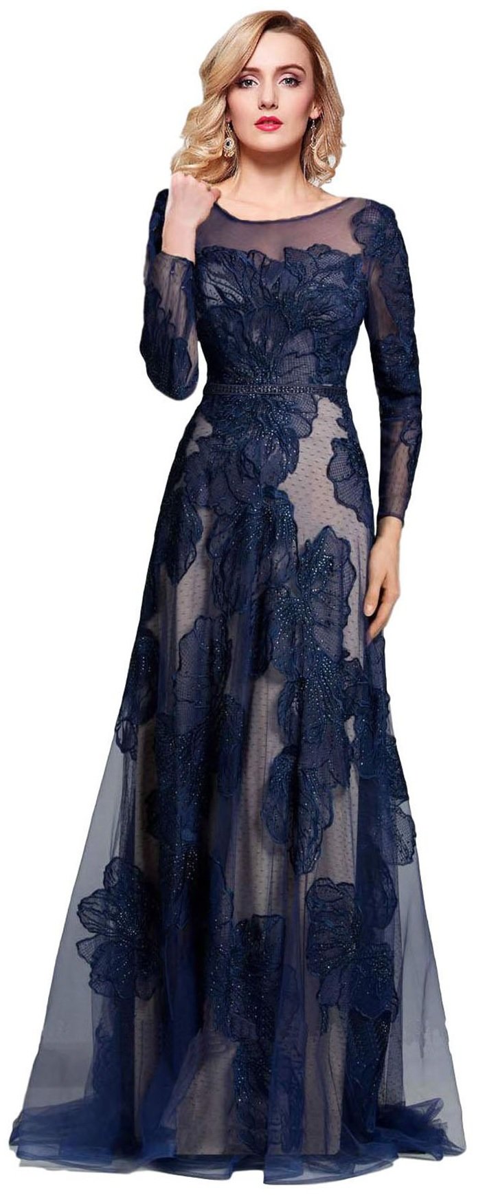 meier women's illusion long sleeve embroidery prom formal dress