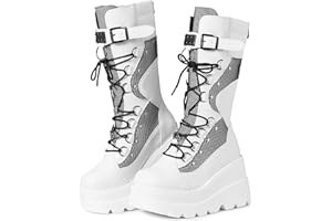 Tscoyuki Womens Goth Platform Boots Chunky Wedge Heel Rave Combat Boots Lace Up and Zipper Round Toe Mid Calf Boot for Concert Festival