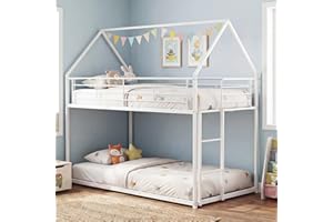 IFANNY Bunk Bed Twin Over Twin with Roof, Heavy Duty Metal Low House Bunk Beds Frame with Ladder and Safety Guardrail, Single