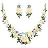 EVER FAITH Women's Austrian Crystal Simulated Pearl Rose Flower Leaf Necklace Pierced Earrings Set