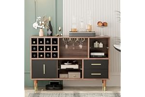 IKIFLY Accent Buffet Sideboard with Storage, Wood Cabinet Server Cupboard with 12 Wine Bottle Rack, Stemware Holder and Drawers, Console Table for Kitchen Living Room, 47 Inch - Walnut/Black