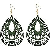 MALOYANVE Bohemian Wood Earrings for Women Handmade Natural Retro Lightweight Teardrop Geometric Hollow Wooden African Dangle Drop Geometric Statement Earrings Boho Vintage Ethnic