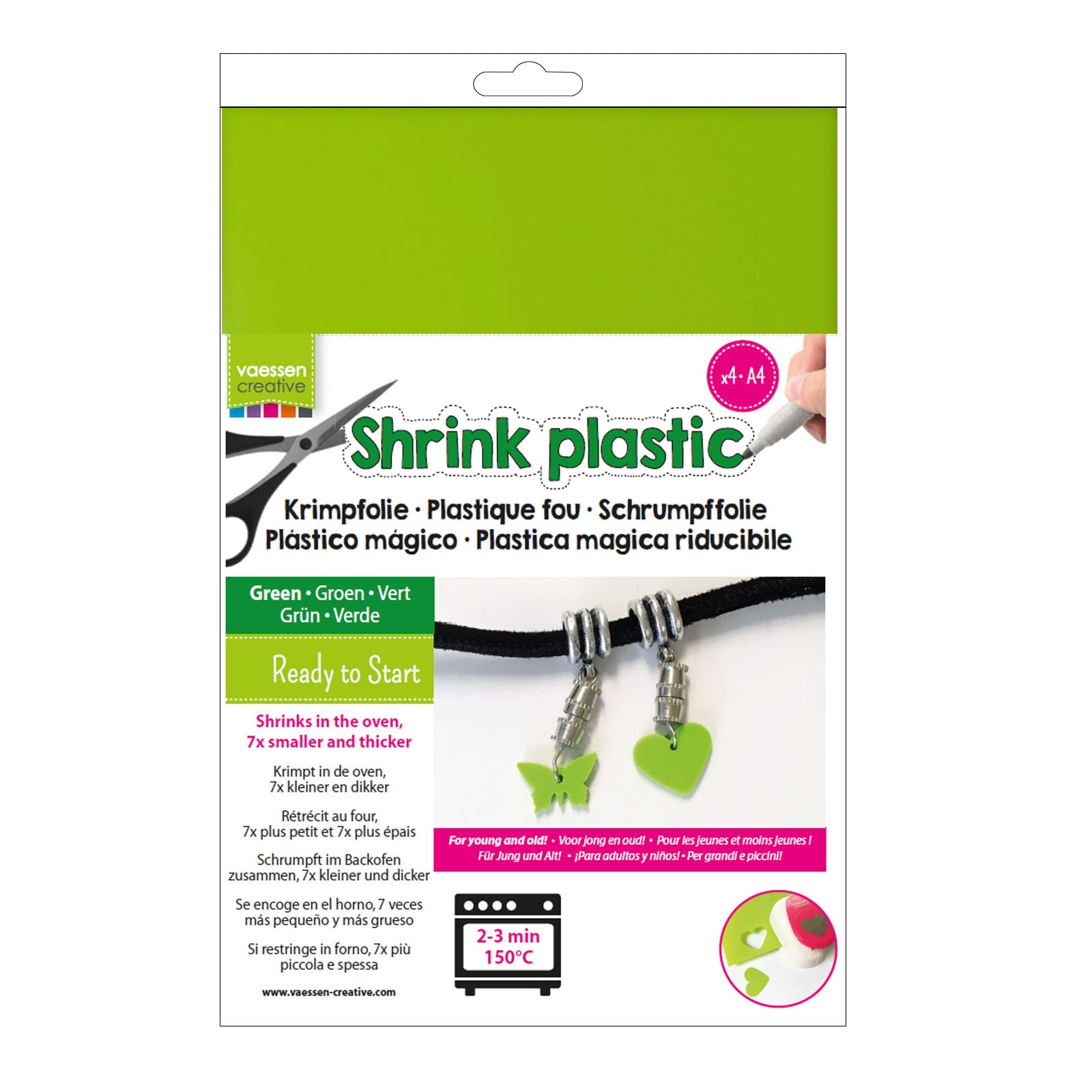 Vaessen Creative Shrink Plastic, Green, 4 Sheets, 21 x 30 cm, Fun Arts and Crafts Projects for All Ages, AR3-102