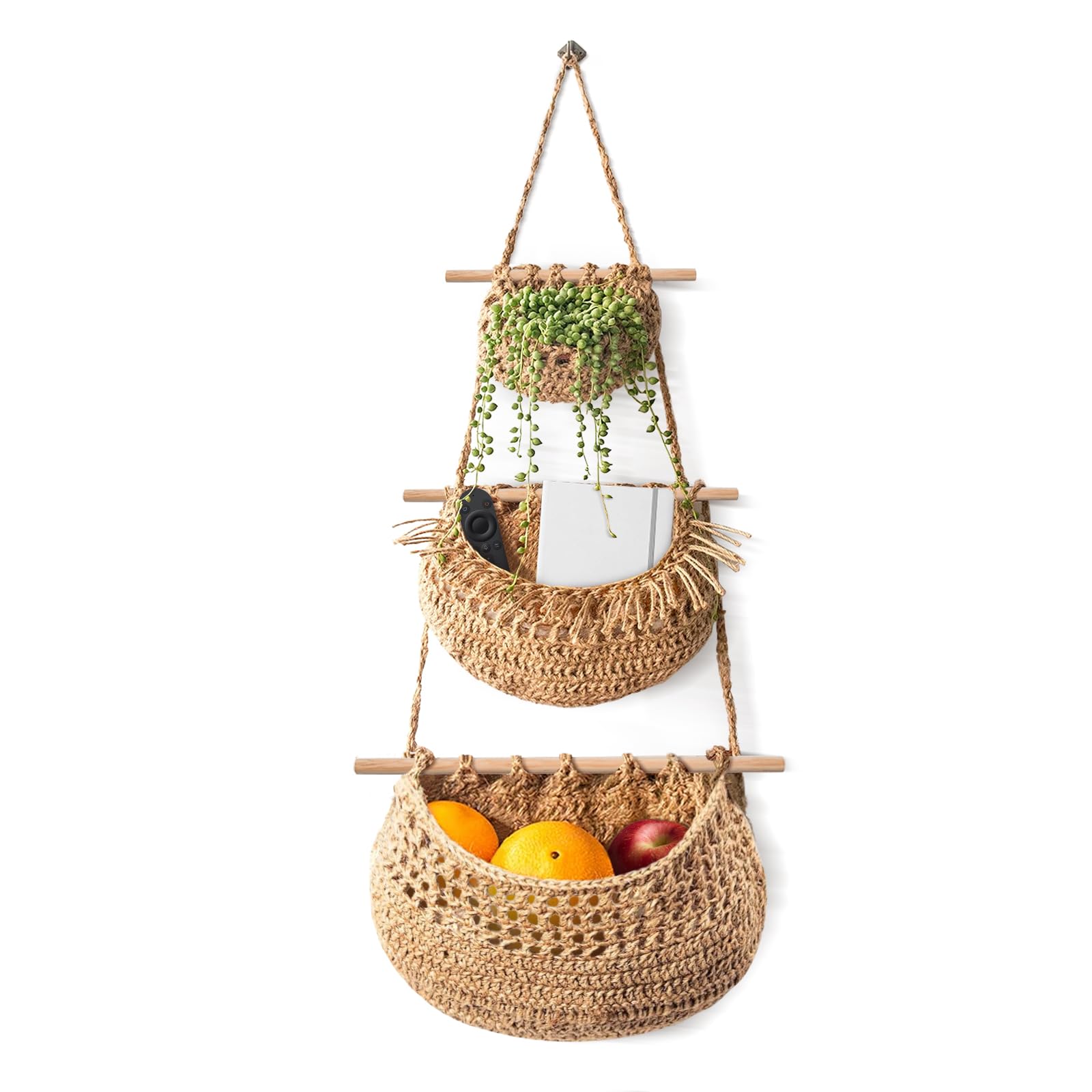 WQSS AOEIU 3-Tier Jute Woven Wall Basket, Boho Kitchen Wall Decor, Brown Rectangular Basket for Organizing, Storage in Kitchen, Living & Bathroom