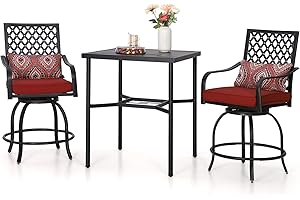 Sophia & William Patio Bar Stools Set 3 Pieces Outdoor Bistro Set, 2 Swivel Bar Chairs and 1 Square Bar Height Table, All-Weather Metal Furniture Set with Red Cushion and Umbrella Hole