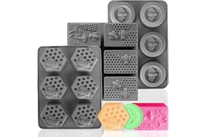(More Styles Optional) Fuehbur 3 Pack Bee Soap Silicone Molds Set, Round + Rectangular + Hexagon Shape 6 Cavities Honeycomb Moulds, Wax Melts Beeswax - 3PCS