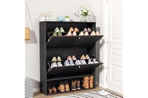 XAWXAW Shoe Cabinet with 2 Flip Drawers and 1 Open Storage Compartment, Freestanding Shoe Storage Cabinet for Entryway, 31.5 Inch Wide, Fluted Panel Doors, Woodgrain Pattern Finish, Dark Gray