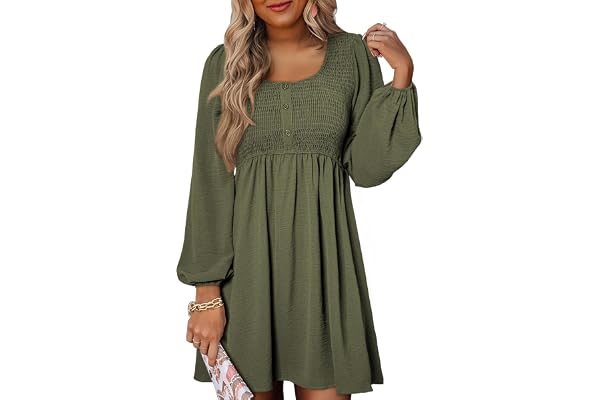 Dokotoo Fall Dresses for Women 2026 Casual Long Sleeve Mini Dress | Smocked Crewneck, Button Up, Empire Waist, A-Line Hem, Ba