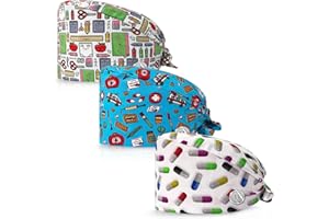niaahinn 3 pack Adjustable Surgical Cap with Button & Sweatband Elastic Cotton Nurse Scrub Hats Tieback for Women & Men (22246-22285-22297)