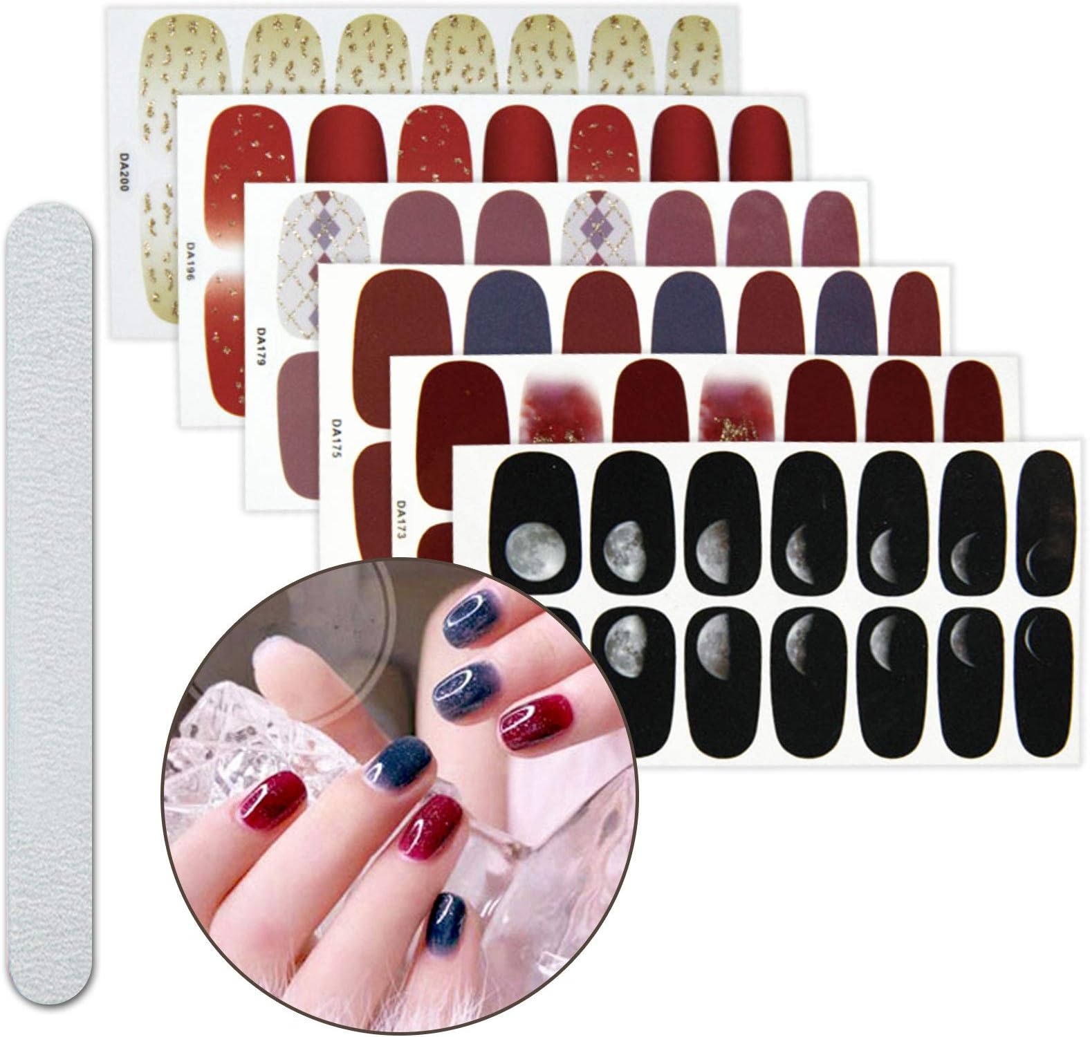 6 Sheets Full Nail Wraps Art Polish Stickers Decal Strips Adhesive False Nail Design Manicure Set With 1Pc Nail Buffers Files For Women Girls