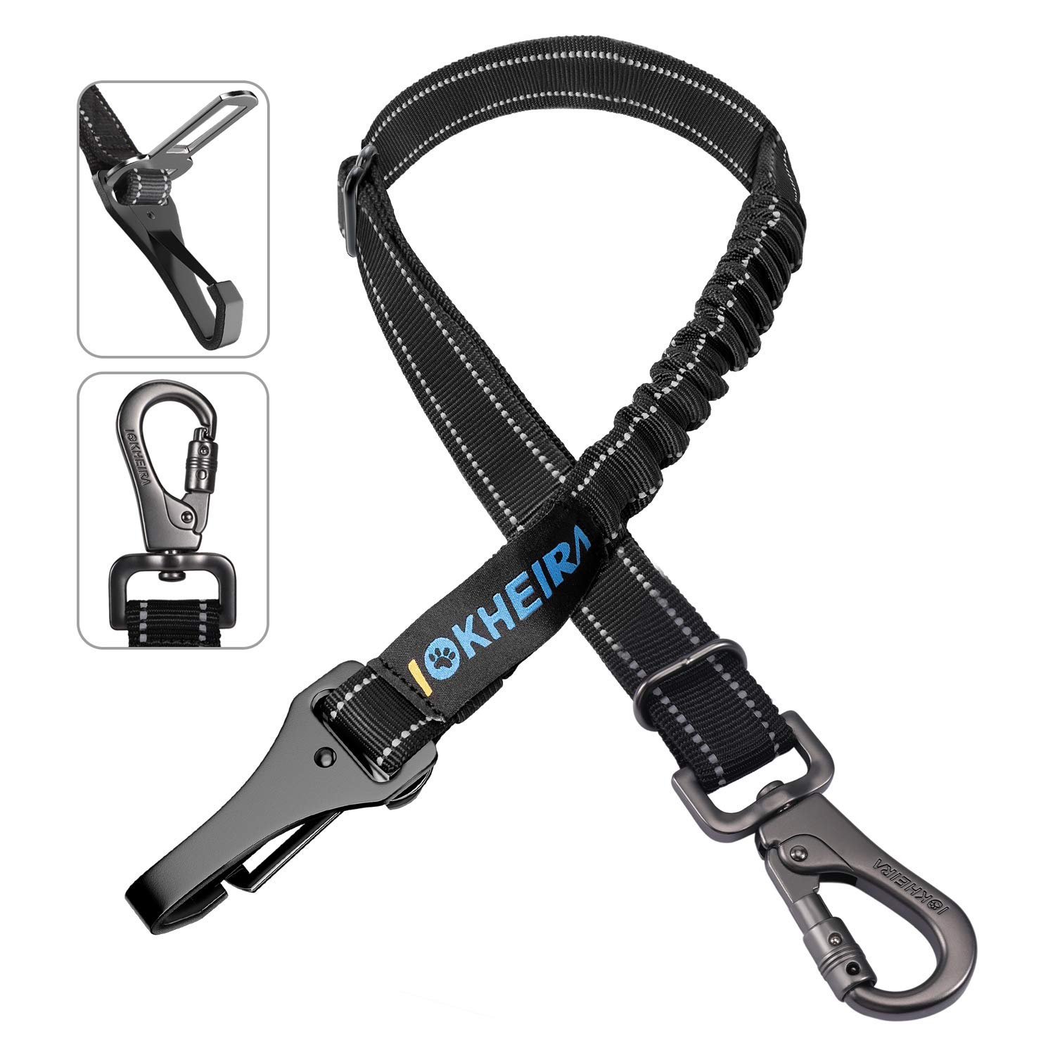 Photo 1 of Dog Seat Belt 3-in-1 Car Harness for Dogs Adjustable Safety Seatbelt for Car Nylon Reflective Bungee Fabric Dog Car Harness with Clip Hook Latch & Buckle, Swivel Zinc Alloy Carabiner (Black)