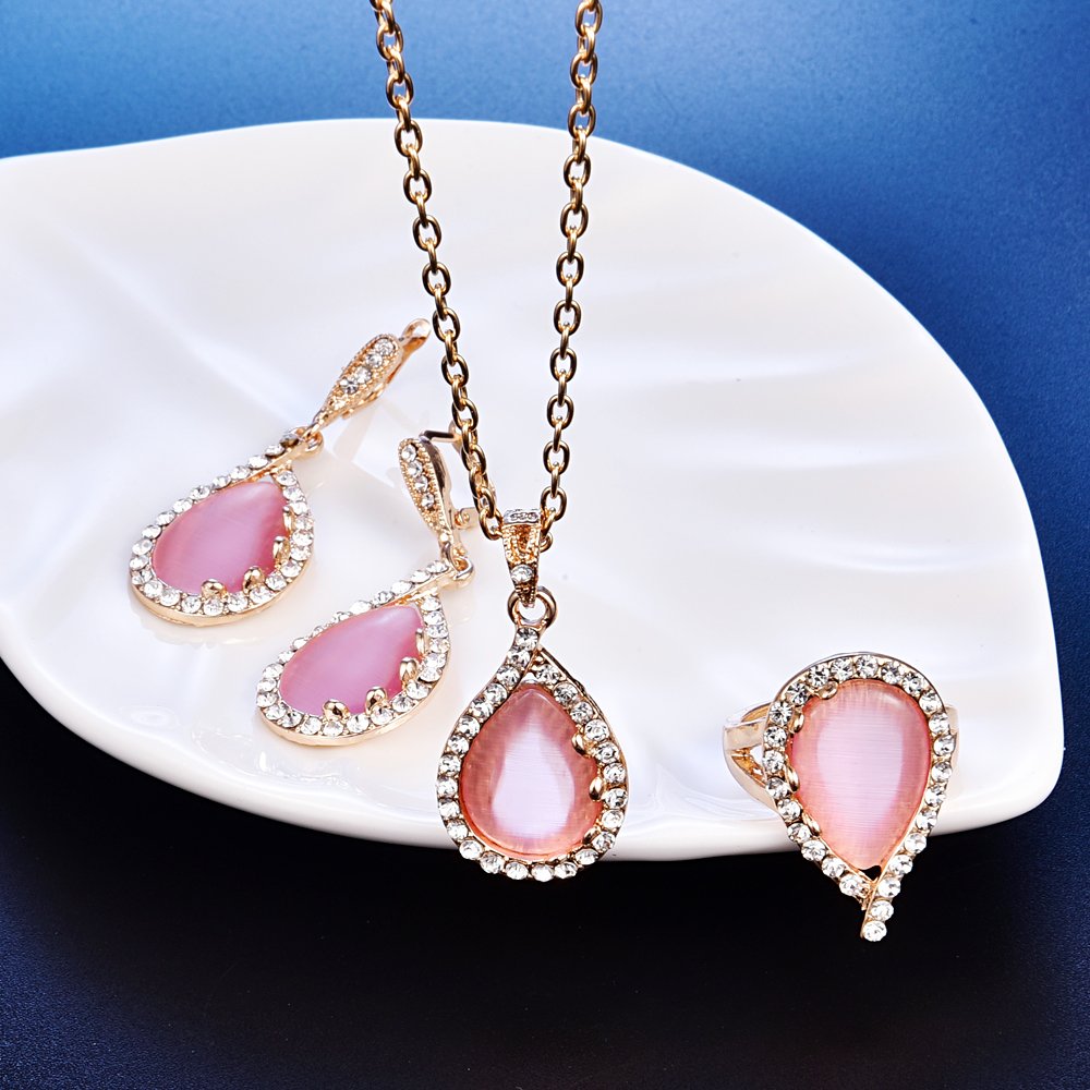 Rose Gold Crystal Jewelry Set Cute Women Pink Gems Necklace Earring Wedding Party Costume Accessories CZ Diamond - Ring#8