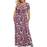 LONGYUAN Women's Plus Size Maxi Dresses for Curvy Women Summer Short Sleeve Casual 2026 Long Dress Red Purple Fl 3XL