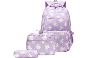 Createy Lightweight Water Resistant Teen Backpacks for Girls School Backpack with Lunch Bag (Daisy Purple)
