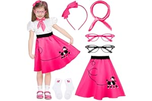 AOTHSO 6 Pieces 1950s Girls Poodle Skirt 50s Costume Accessory, Headband Glasses Scarf Socks Outfit Halloween Costume