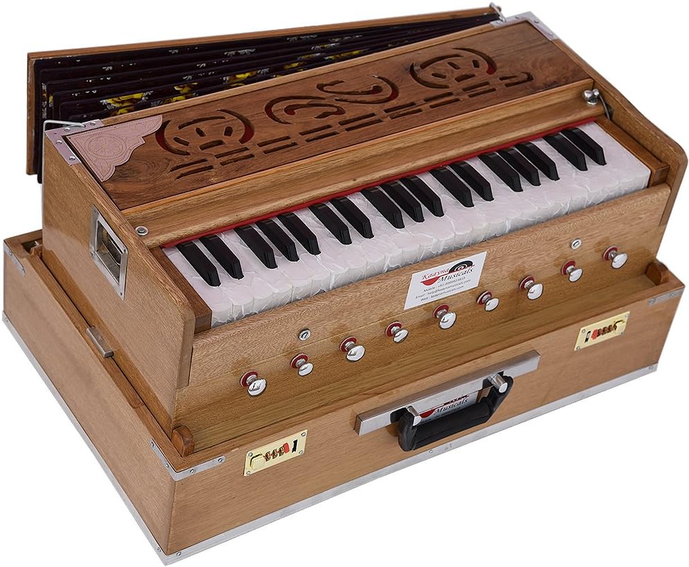 Harmonium Traveler/Portable/Folding Type By Kaayna Musicals, 9 Stops- 5 Main & 4 Drones, 3½ Octave, Coupler, Teak Colour, Gig Bag, Bass-Male Reed - 440Hz, Best For Yoga, Bhajan, Kirtan, Mantra, Shruti