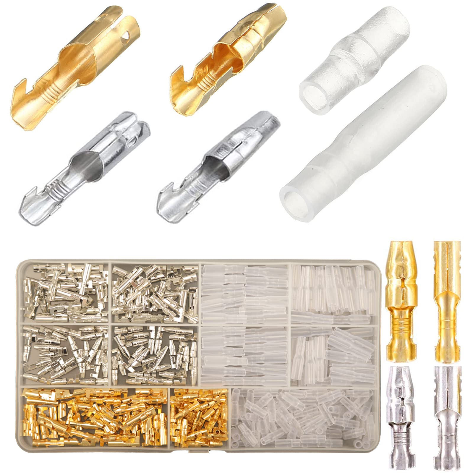 Bullet Connectors Kit 360pcs, 3.9mm Bullet Terminals with Insulation Cover, Gold Brass Bullet Wire Connectors Male and Female Crimp Terminals, Car Bike Automotive Motorcycle Electrical Connector kit