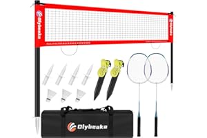OLYBEAKA 12ft Badminton Net Set for Backyard Beach with Durable Anti-Sagging Net, Heavy Duty Poles, 2 Aluminum Badminton Rackets, 3 Shuttlecocks, Carry Bag - Easy Setup & High Stable