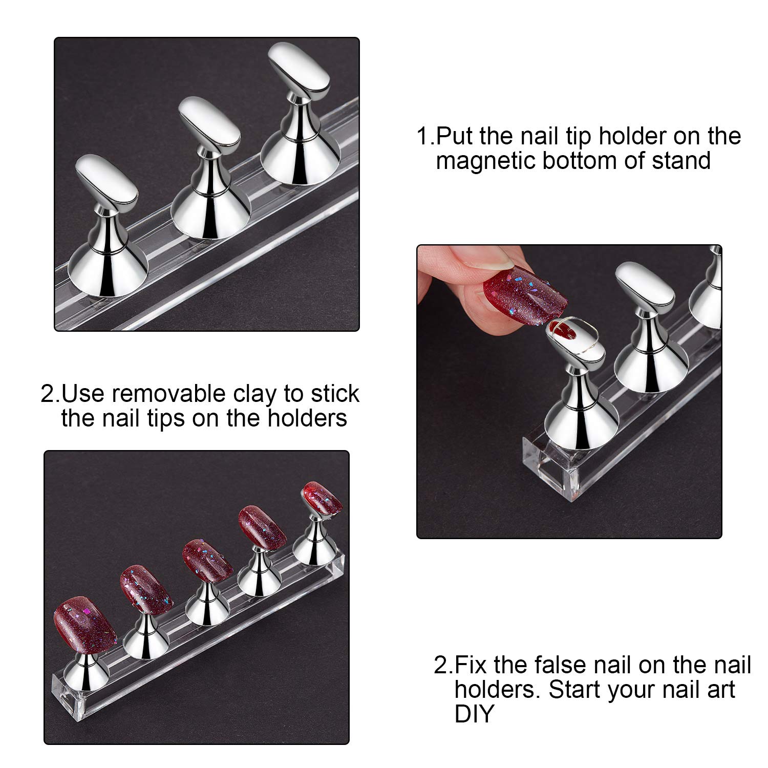 Blulu 2 Sets Nail Stand for Press on Acrylic Nails Display Practice Magnetic Fake Nail Holder for Painting Nails for False Fingernail Manicure Tool Home DIY Salon Supplies(Silver)