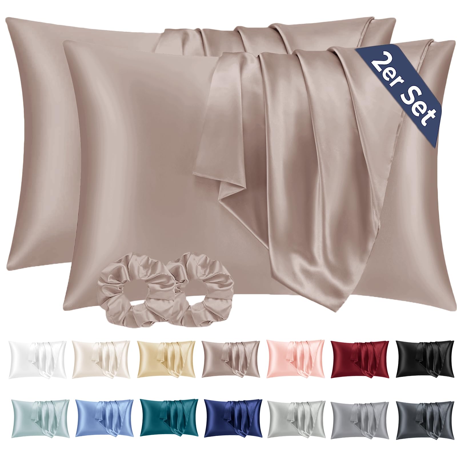 Vielit 2 Pack Satin Pillowcase for Hair and Skin,Soft as Silk Pillowcases for Hair and Skin,Easier Care than Silk Pillow Case Brown Pillowcases for 50x70cm Pillow Envelope & 2 Scrunchies