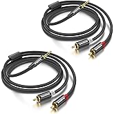 Smithok 2 Pack 3.5mm to RCA Cable,Gold Plated,Nylon Braided 1/8 Male to Male Stereo Aux Cord [Left/Right] Y Splitter Adapter for Tablets, Speakers, Smartphones, MP3, HDTV –Black (3.3Ft/1m)