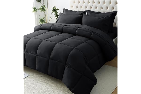 JOLLYVOGUE Queen Comforter Set 7 Pieces - Black Bed in a Bag Ultra-Soft - Goose Down Alternative - Premium 1800 Series with C