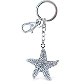 Aqua79 Clear Starfish Keychain - Silver 3D Sparkling Charm Rhinestones Fashionable Stylish Metal Alloy Durable Keyring Bling Crystal Jewelry Accessory With Clasp For Keychain, Purse, Backpack, Handbag