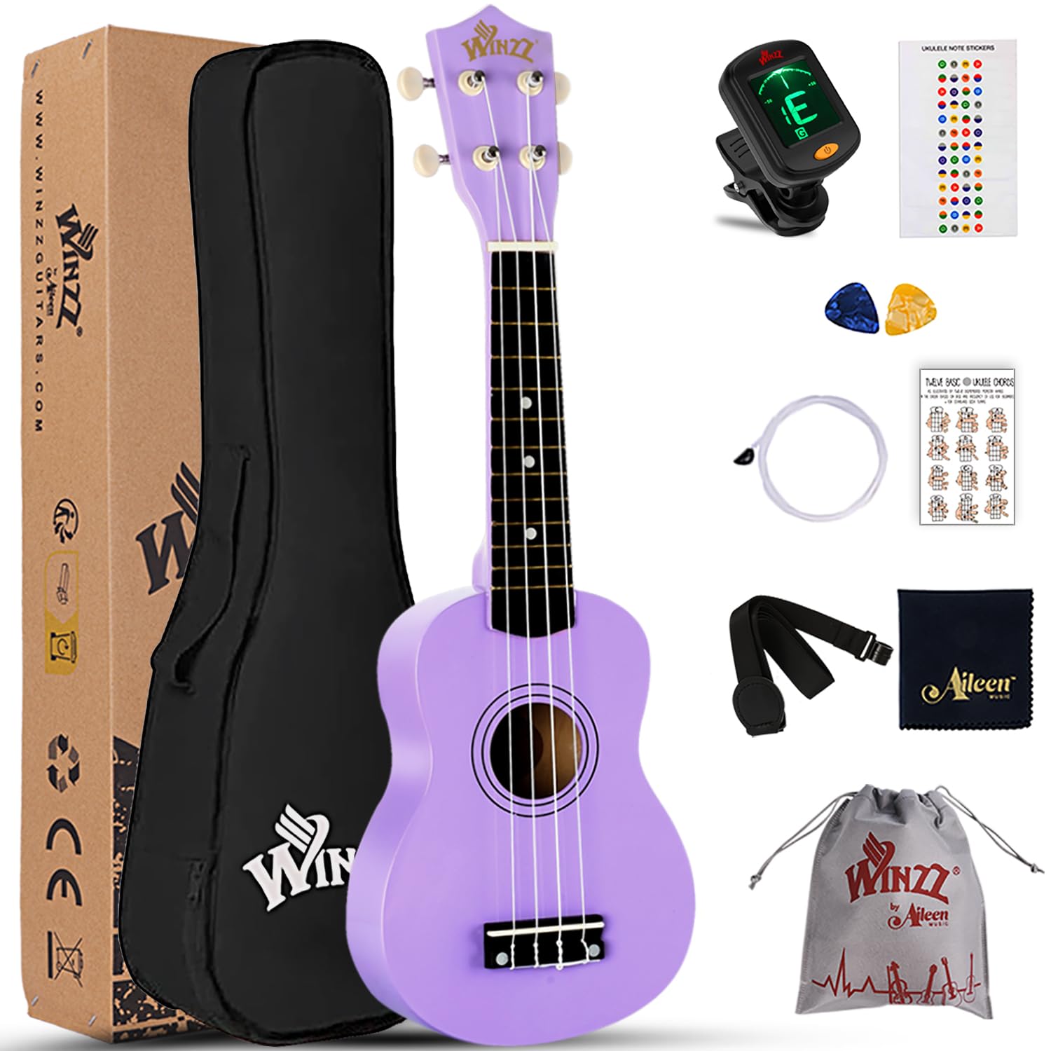 Winzz Soprano Ukulele Starter Kit For Beginners with Bag, Clip-On Tuner, Extra Strings, Strap, Plectrum, Fret Stickers, Chords Card, Polishing Cloth (21" Soprano, Purple)