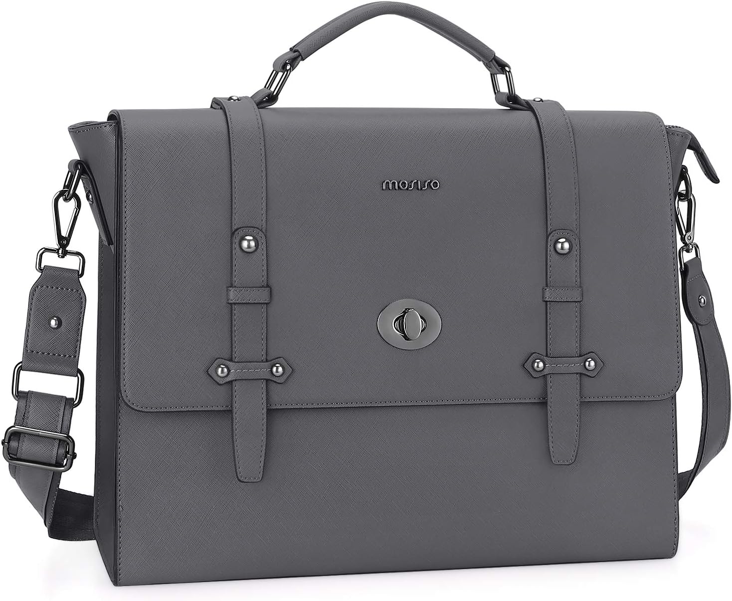 MOSISO 15.6 inch Laptop Messenger Shoulder Bag, Business Office Bag for Men Women, Water Resistant Premium PU Leather Carrying Briefcase with Middle Button Compatible with MacBook&Notebook, Space Gray