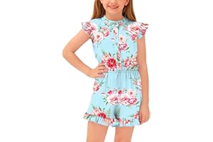 BesserBay Girl's Summer Ruffled Flutter-Sleeve Jumpsuit Button Down Crewneck Romper 5-14 Years