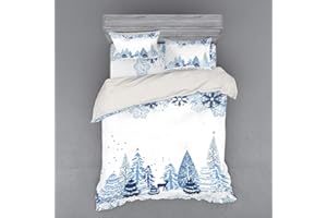 Ambesonne Winter Bedding Set, Winter Scene with Deer Frozen Trees and Snow Christmas Season Pine Trees Bushes, 4 Piece Duvet Cover Set with Shams and Fitted Sheet, Queen Size, Blue White