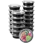 FULING 24 oz 50 ct Round Meal Prep Food Storage Containers with Lids To Go Plastic Lunch Plan Box Disposable Take Out Bowls Black BPA Free Reusable Durable Stackable Microwave Freezer Dishwasher Safe