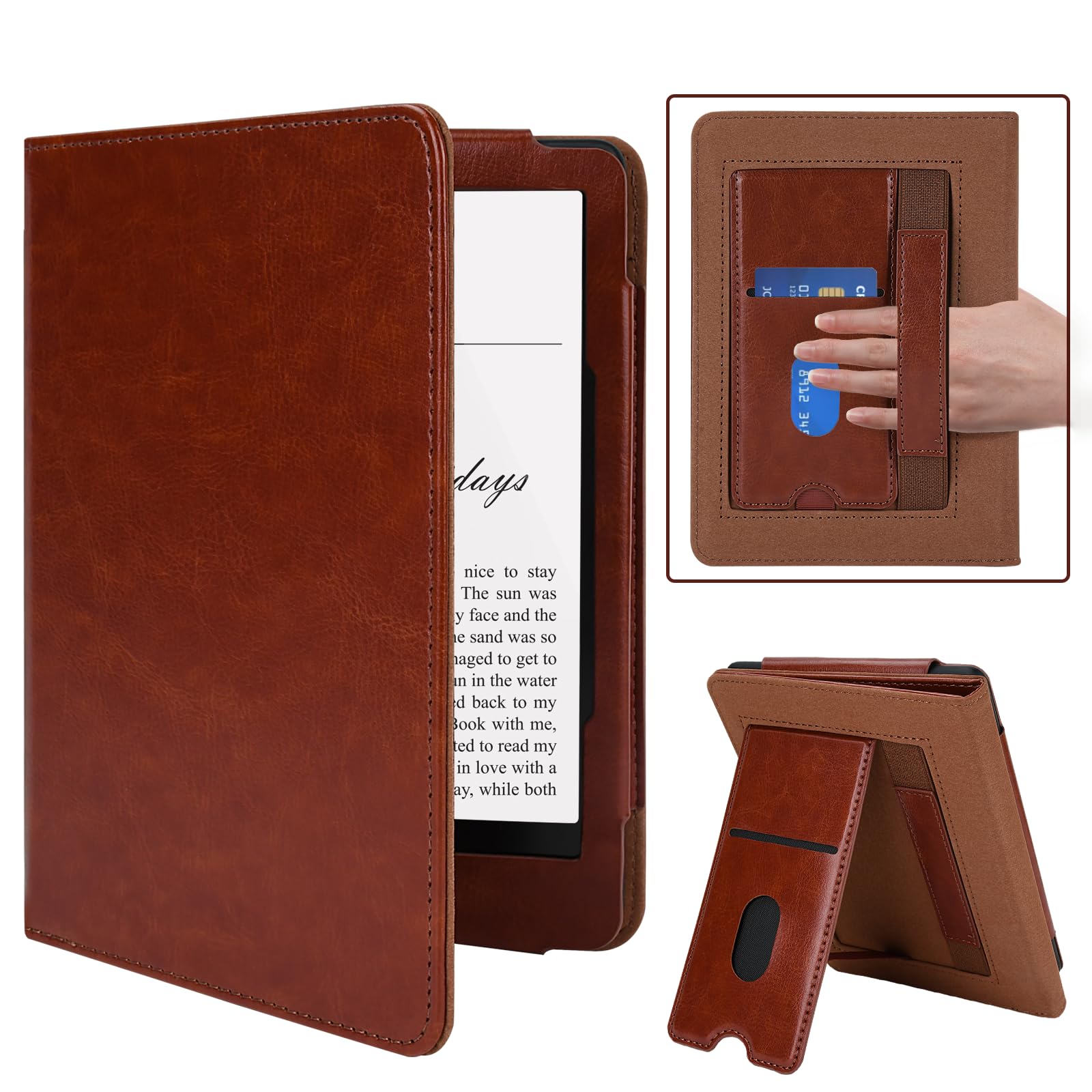 MMK Kindle Paperwhite Case 7"/6.8"(12th/11th Generation-2024/2021), Premium PU Leather Smart Cover with Hand Strap Card Slot, for Kindle Colorsoft Signature Edition(1st Gen 2024), Brown