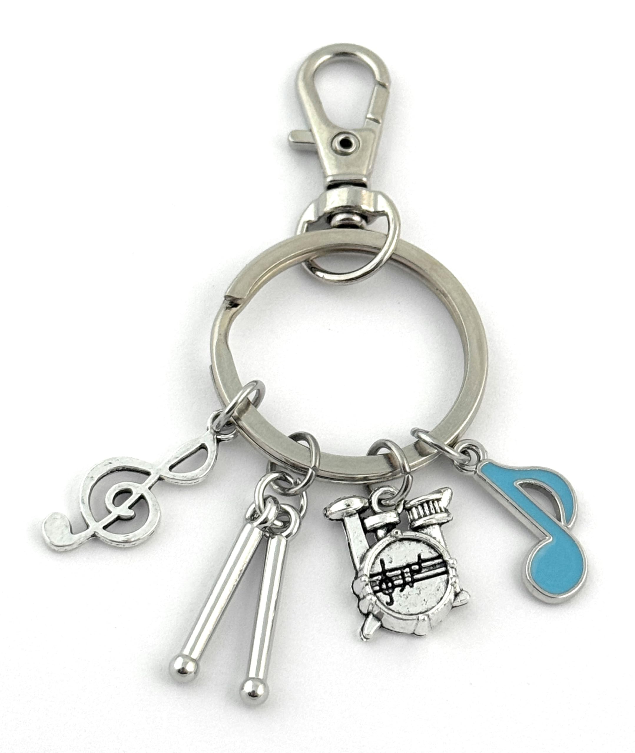 FizzyButton Gifts Drums Music Keyring Key Ring with Drumkit, Drumsticks, Quavers and Treble Clef Charms and Lobster Clasp