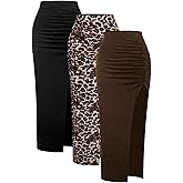 SHENHE Women's 3 Pack Sexy Split Thigh Ruched Bodycon High Waisted Leopard Maxi Pencil Skirts