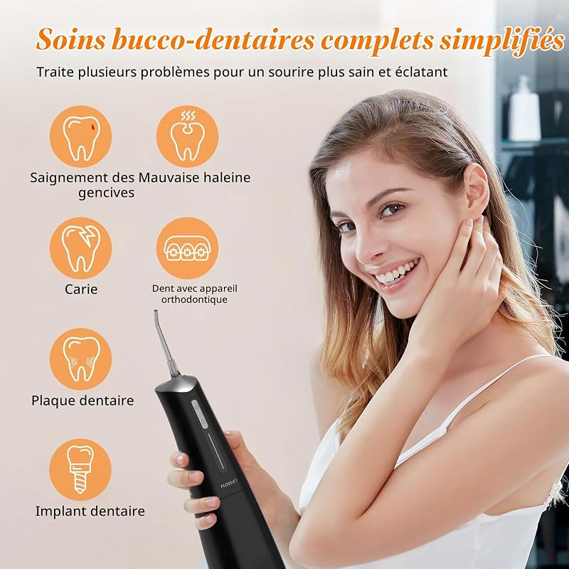 Jet Dentaire Hydropulseur,Water Flosser 4 Modes IPX7 Sans Fil